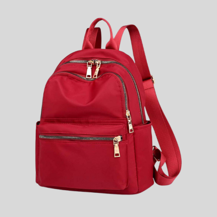 Red Nylon Backpack with Gold Zippers and Padded Shoulder Straps
